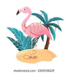 Tropical Christmas,Cute Flamingo and palms in flat style for holiday designs banner, cover, advertisement, greeting card. Vector illustration of Concept of Christmas and New Year