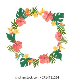 Tropical circle frame with palm leaves, hibiscus, strelitzia, plumeria flowers. Beautiful floral print for wedding invitations, greeting cards, home decor. Modern vector illustration.