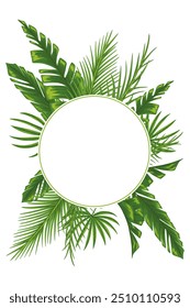 Tropical circle frame with palm leaves for party invitations, sale posters and wedding cards. Hand drawn vector illustrations with a text place isolated on a white background.