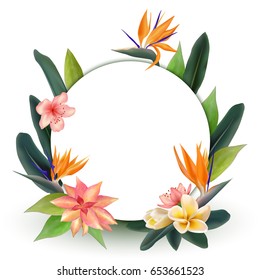 Tropical circle frame vector illustration with plumeria or frangipani flower, bird of paradise african plant, jungle leaves. Exotic plants round border with text place, bouquet. Tropical circle plants