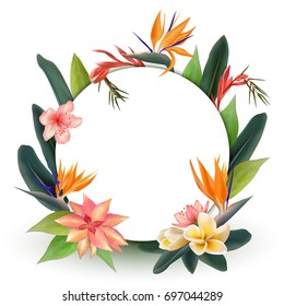 Tropical circle frame vector illustration with hibiscus, plumeria, billbergia or frangipani flower, bird of paradise african plant, jungle leaves. Exotic plants round border with text place, bouquet. 