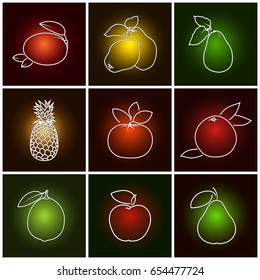 Tropical Citrus Fruit Icons Grapefruit, Quince , Mandarin and Lime, Mango with Pineapple, Avocado, Apple and Pear on Colored Background, Thin Line Style Design, Vector Illustration 