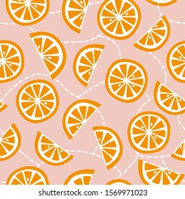 Tropical citrus fruit seamless pattern with dashed lines. Pink background and orange slices with seeds vector repeat design for fabric, vegetarian products wrapping.