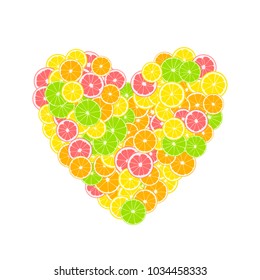 Tropical citrus heart. Summer print composed of yellow lemon, green lime, pink grapefruit and orange on white background.