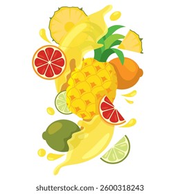 Tropical citrus mix with pineapple and juice splash Vector