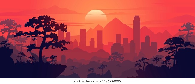 Tropical city. Beautiful landscape of the city among the mountains and tropics. Silhouettes of the city, mountains and trees against the backdrop of an amazing sunset. Cityscape.