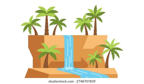 Tropical cliffside waterfall with palm trees on sandy rock formation and blue river flowing into scenic landscape