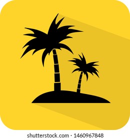 Tropical climatic zone environment logo. Coconut trees on beach or land illustration. Flat 3D shadow design. yellow background black vector. product brand service label banner board display. App icon.