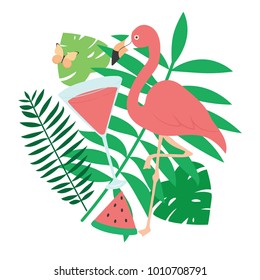 Tropical clipart with cute Flamingo and butterflies, glasses, plants, palm leaves on white background. Vector illustration in flat design.