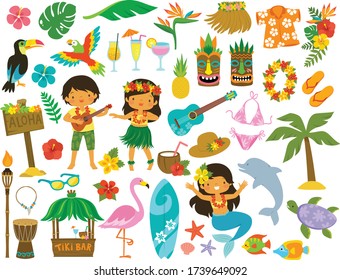 Tropical clipart set. Hawaii, beach and summer related items. 