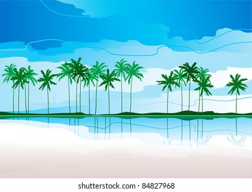 Tropical coast. Horizontal vector   landscape with tropical coast and row of palms