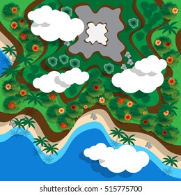 Tropical coast with the mountain. View from above. Vector illustration.