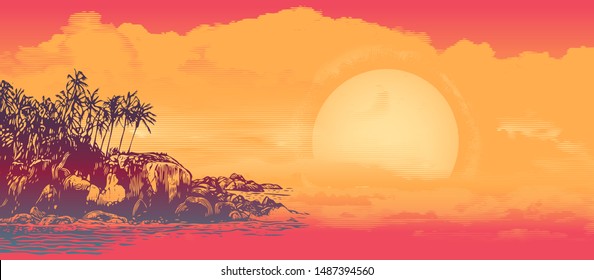 Tropical Coast With Palm Trees,Rocks And Sun. Vector Illustration