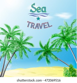 Tropical coast. Vector illustration of sea beach and palm trees.
