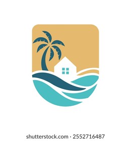 Tropical Coastal Logo Design with Modern Palm Tree and House 