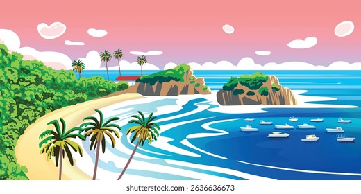 Tropical coastline landscape with palm trees, beach, waves, rocks, islands, clouds and the sea in the background. Handmade drawing vector illustration. 
