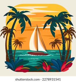 Costa tropical con palmeras y velero al atardecer, concepto de vacaciones de verano, ilustración vectorial plana.