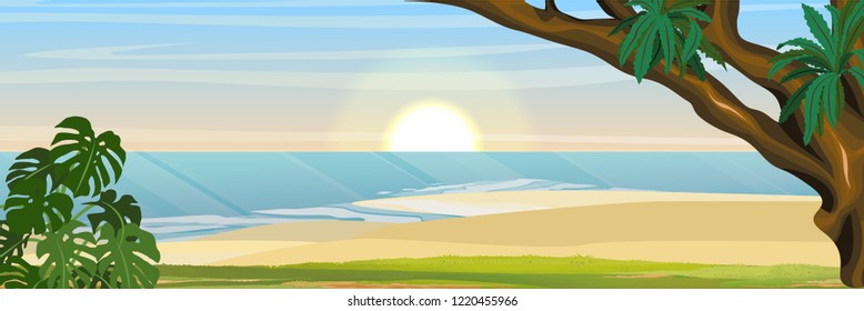 Tropical coastline of the sea or ocean. Rainforest with monstera, trees and epiphytic ferns. Vector landscape