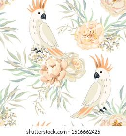 Tropical cockatoo parrot birds, delicate rose flowers, leaves bouquets, white background. Vector seamless pattern. Romantic illustration. Summer floral design. Paradise nature