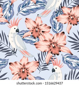 Tropical cockatoo parrot birds, pink orchid flowers, palm leaves, blue background. Vector seamless pattern. Jungle illustration. Exotic plants. Summer beach floral design. Paradise nature