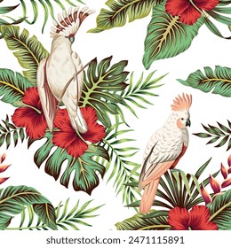 Tropical cockatoo parrots, green palm leaves, red hibiscus floral seamless pattern white background. Exotic jungle wallpaper.	