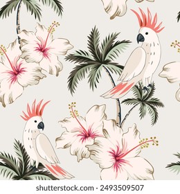 Tropical cockatoo parrots, palm trees, hibiscus flowers, white background. Vector seamless pattern. Floral illustration. Exotic plants, birds. Summer beach design. Paradise nature