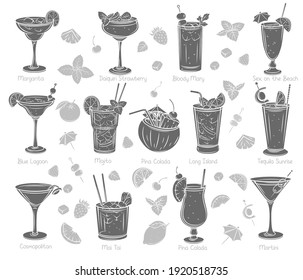 Tropical cocklails glyph icons. Monochrome isolated summer alcoholic drinks. Long island, bloody mary, cosmopolitan, margarita, mai tai, pina colada, blue lagoon and etc. Vector illustration.