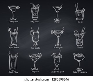 Tropical cocklails. Summer alcoholic drinks. Beach party vector illustration. Long island, bloody mary, cosmopolitan, margarita, mai tai, pina colada and blue lagoon. Chalkboard style