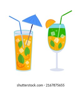 Tropical cocktail. Alcoholic summer drinks in glasses , lemonade, sambuca, martini, juices, . Holiday concept for party invitation, bar menu Vector illustration