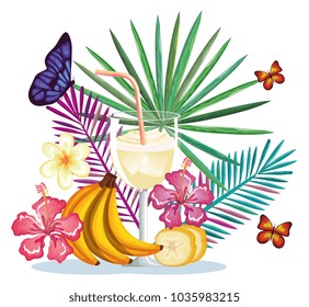 tropical cocktail with banana fruit and decoration floral