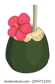 Tropical cocktail in coconut. Doodle clipart of summer beverage isolated on white. Colored vector illustration in cartoon style.