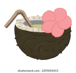 Tropical cocktail in coconut. Doodle clipart of summer beverage isolated on white. Colored vector illustration in cartoon style.