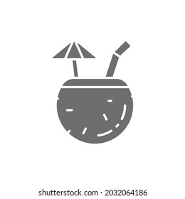 Tropical cocktail in coconut, exotic alcohol drink grey icon.