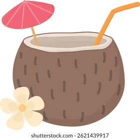 Coquetel tropical em coco isolado em um fundo branco. Ilustração de bebida de verão decorada com guarda-chuva, palha e flor