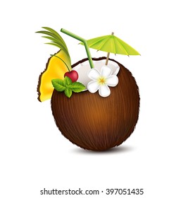 Tropical cocktail in coconut on a white background