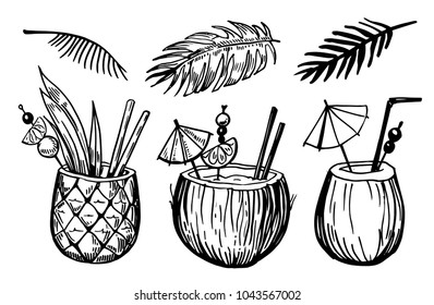 Tropical cocktail in coconut and pineapple. Hand drawn vector illustration