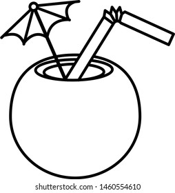 tropical cocktail: coconut rind, straw, umbrella icon in outline style. Coloring template for modification and customizing  according to a specific task