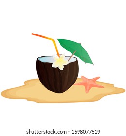 Tropical cocktail in coconut. Starfish in the sand. vector art