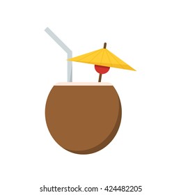 Tropical cocktail in coconut. Summer beverage in coco with tubule and umbrella. Beach drink vector icon isolated on white background.