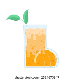 Tropical cocktail concept. Juicy orange near cup. Exotic cold drink. Beverage for summer season. Cafe or restaurant. Social media sticker. Flat vector illustration isolated on white background