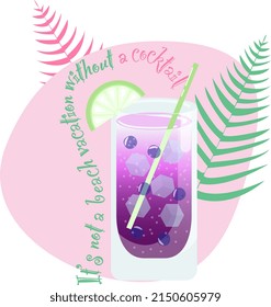 Tropical cocktail drink in a tall glass with lime, blueberries and ice. For printable art, stickers, invitations. Palm tree background.