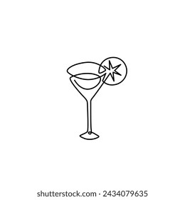 Tropical cocktail, emblem or logo design, martini glass, continuous line drawing, neon, tattoo, print for clothes, t-shirt, one single line on a white background, isolated vector illustration.