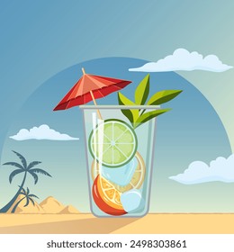 Tropical cocktail. Glass of alcohol or nonalcohol cocktail with orange and lime slices, and red decorative umbrella stands in front of the Exotic Country landscape view. Vector flat illustration.