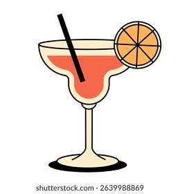 Tropical cocktail glass with citrus slice. Retro design perfect for summer themes, bar menu, party poster and vintage style decor. Flat vector illustration on white background