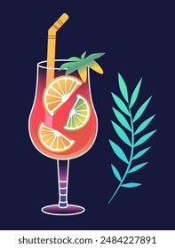 Tropical cocktail glass with citrus slices straw and palm leaf on dark background. Summer drink concept