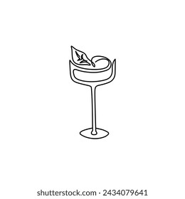 Tropical cocktail glass, emblem or logo design, continuous line drawing, neon, tattoo, print for clothes, t-shirt, one single line on a white background, isolated vector illustration.