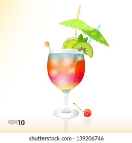 Tropical cocktail in glass with ice and umbrella