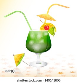 Tropical cocktail in glass with ice and umbrella