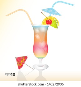 Tropical cocktail in glass with ice and umbrella