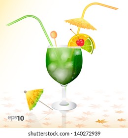 Tropical cocktail in glass with ice and umbrella